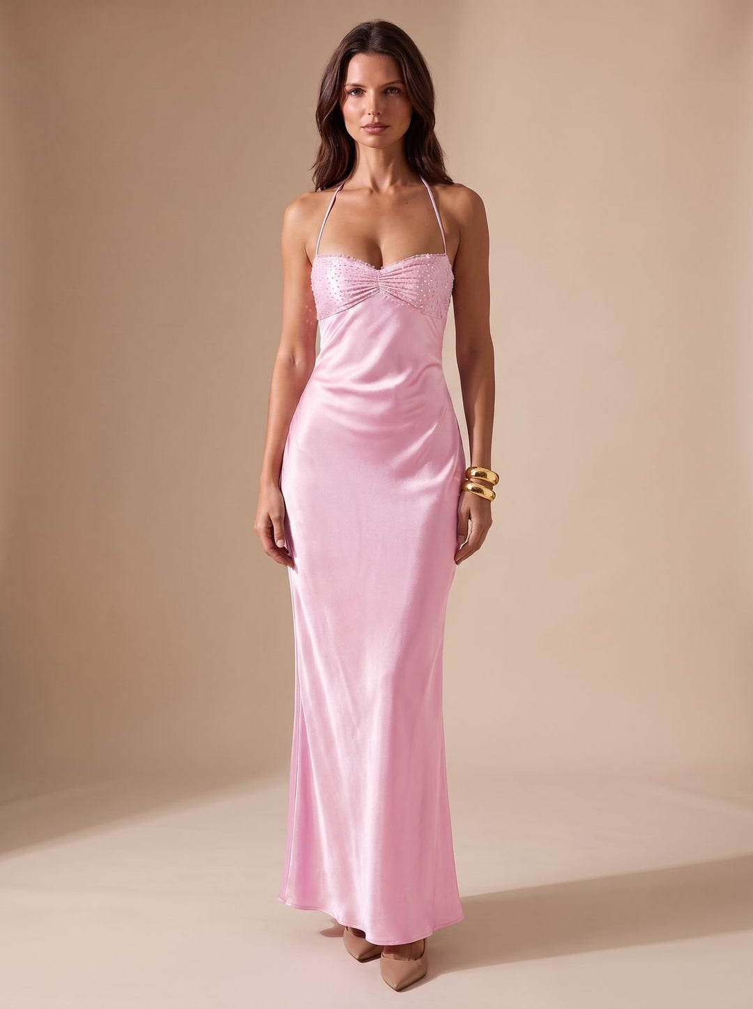 Women's Rhinestone-Embellished Halter-Neck Satin Maxi Dress