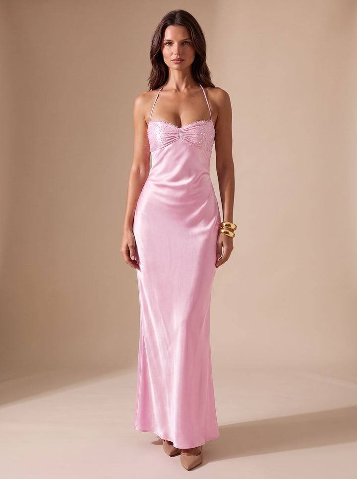 Women's Rhinestone-Embellished Halter-Neck Satin Maxi Dress