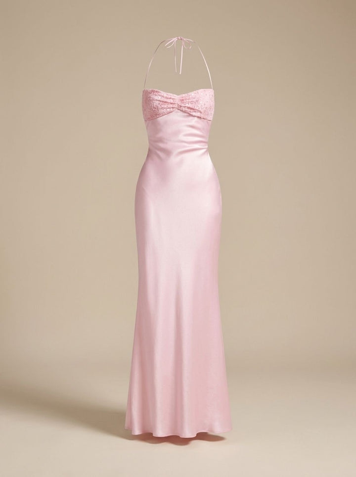 Women's Rhinestone-Embellished Halter-Neck Satin Maxi Dress