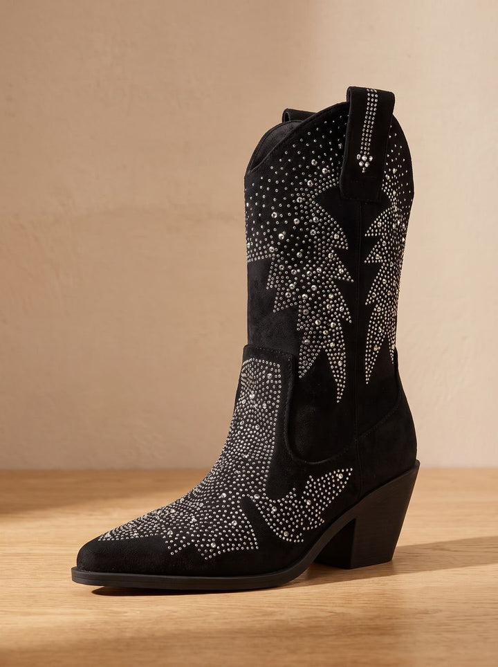 Women's Rhinestone Embellished Mid-Calf Block-Heel Cowboy Boots