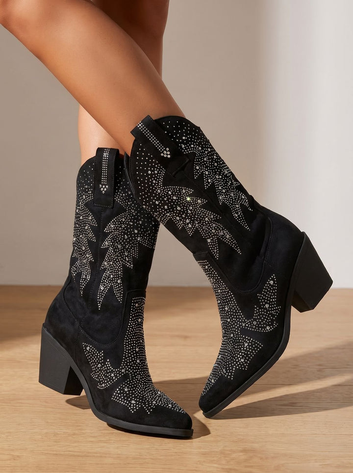 Women's Rhinestone Embellished Mid-Calf Block-Heel Cowboy Boots