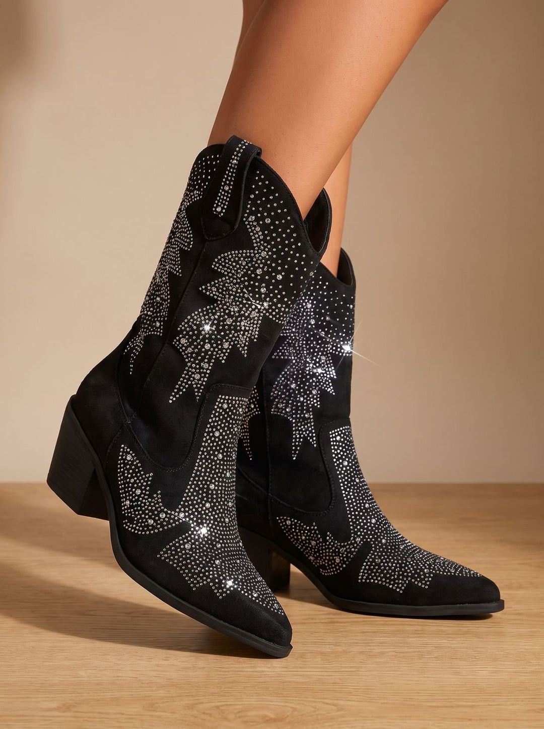 Women's Rhinestone Embellished Mid-Calf Block-Heel Cowboy Boots