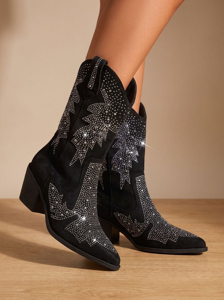 Women's Rhinestone Embellished Mid-Calf Block-Heel Cowboy Boots