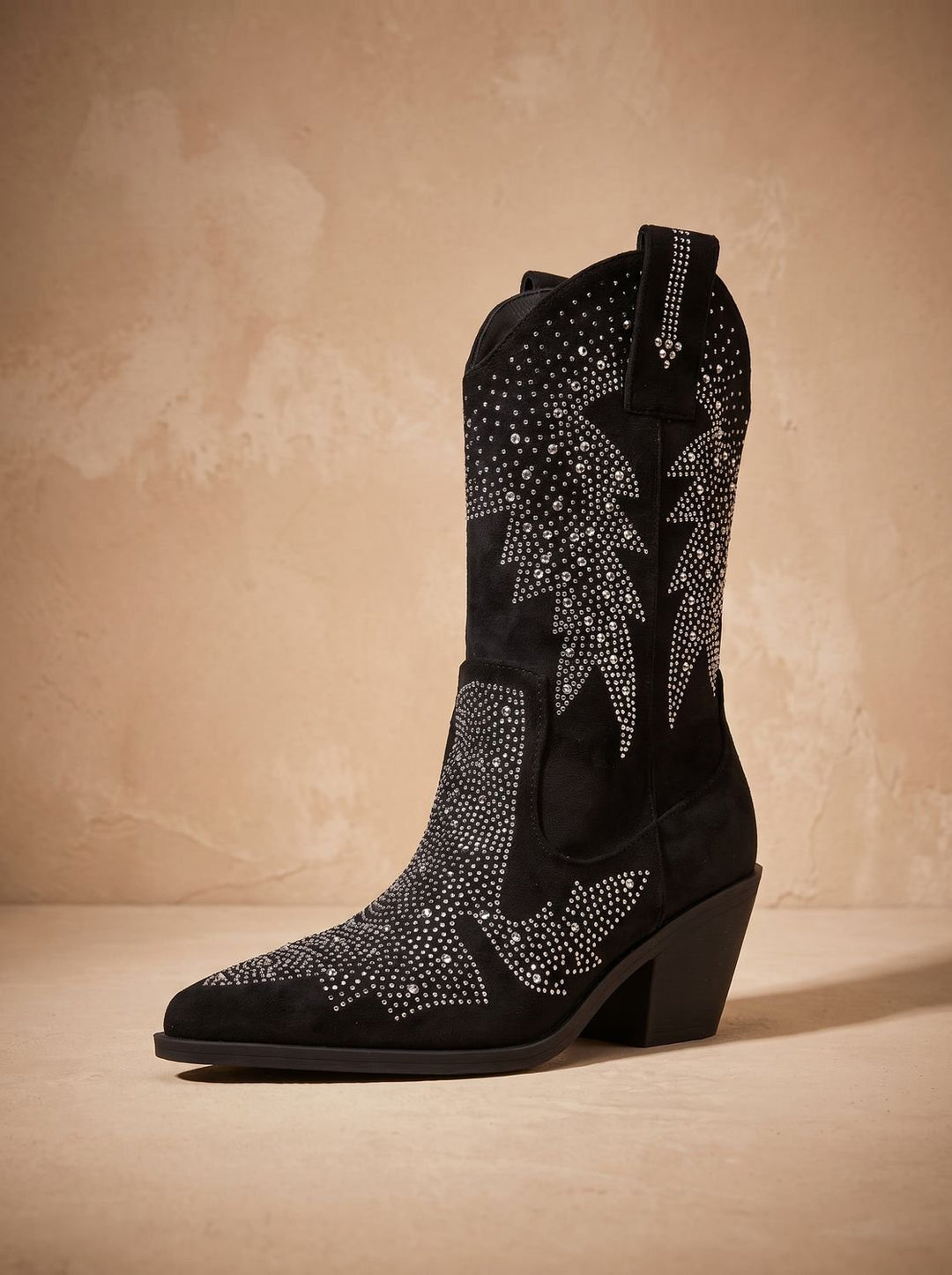 Women's Rhinestone Embellished Mid-Calf Block-Heel Cowboy Boots - Black