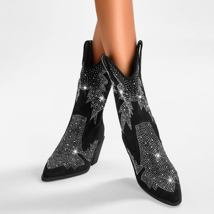 Women's Rhinestone Embellished Mid-Calf Western Boots
