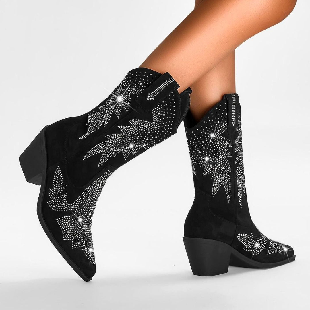 Women's Rhinestone Embellished Mid-Calf Western Boots