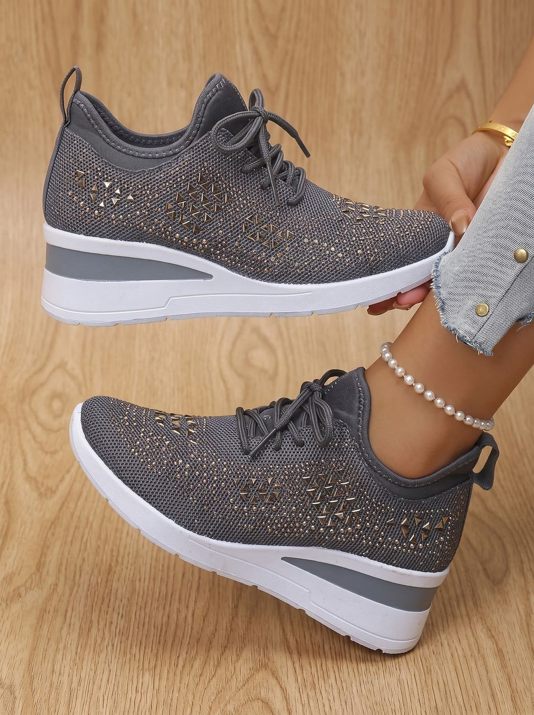 Women's Rhinestone Knit Wedge Lace-Up Orthopedic Sneakers - Grey