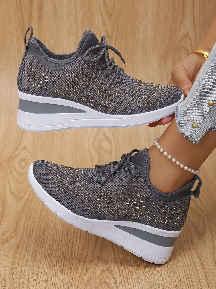 Women's Rhinestone Knit Wedge Lace-Up Orthopedic Sneakers - Grey