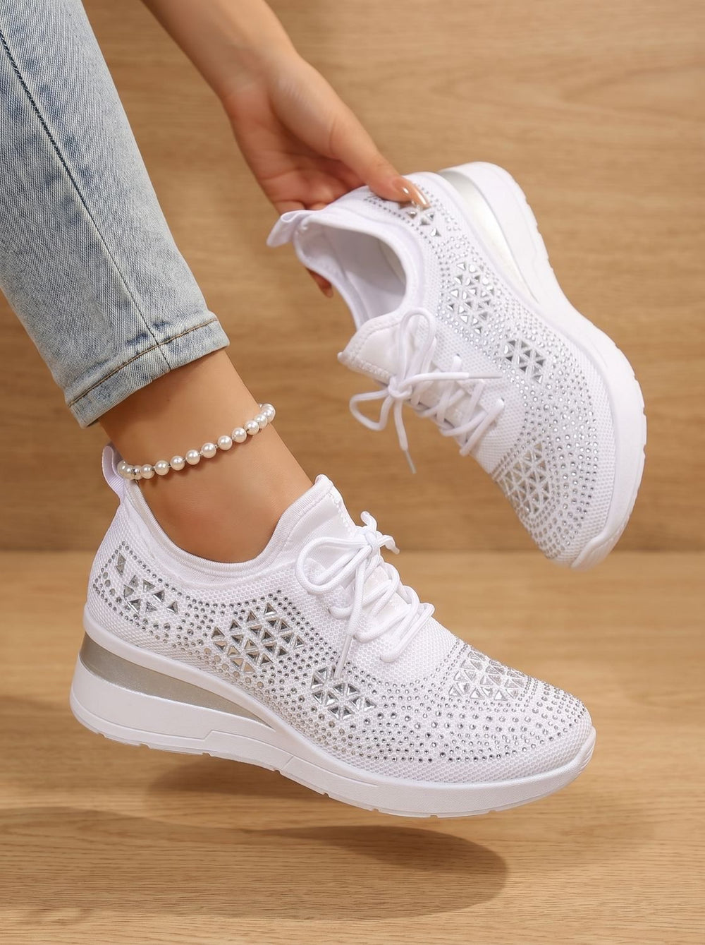 Women's Rhinestone Knit Wedge Lace-Up Orthopedic Sneakers - White