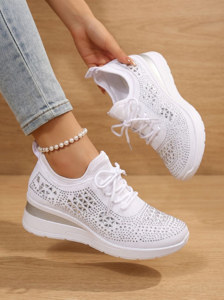 Women's Rhinestone Knit Wedge Lace-Up Orthopedic Sneakers - White