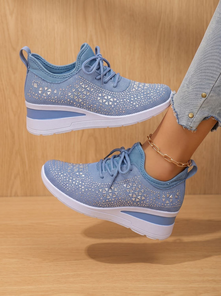 Women's Rhinestone Knit Wedge Lace-Up Orthopedic Sneakers - Blue