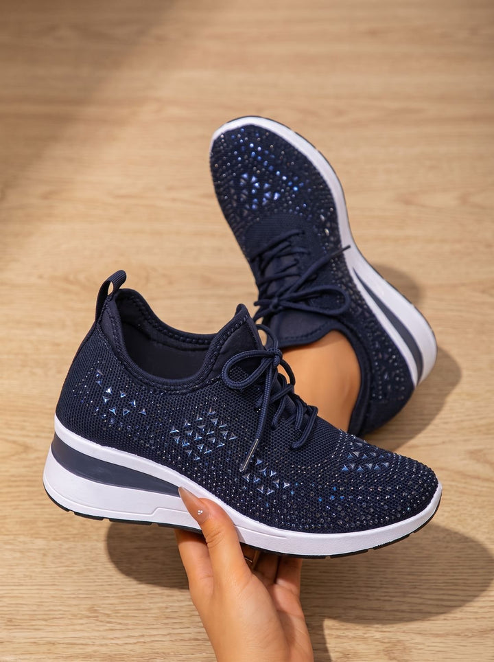 Women's Rhinestone Knit Wedge Lace-Up Orthopedic Sneakers - Dark Blue