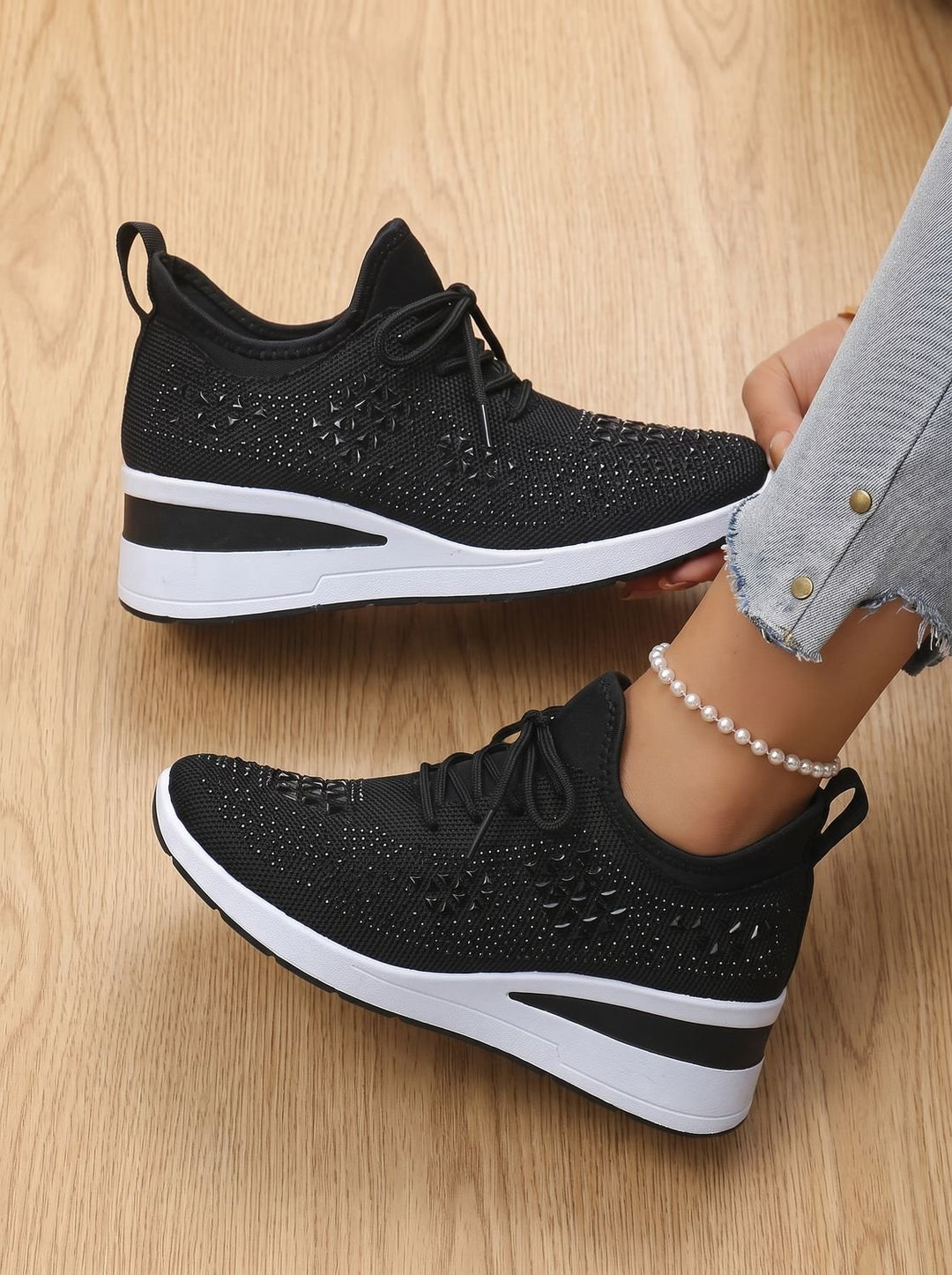 Women's Rhinestone Knit Wedge Lace-Up Orthopedic Sneakers - Black