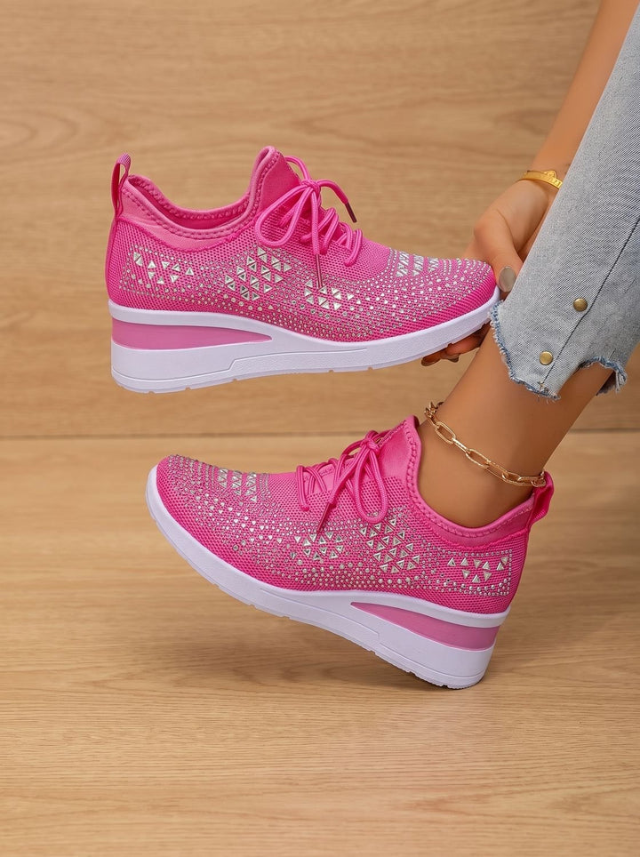 Women's Rhinestone Knit Wedge Lace-Up Orthopedic Sneakers - Rose
