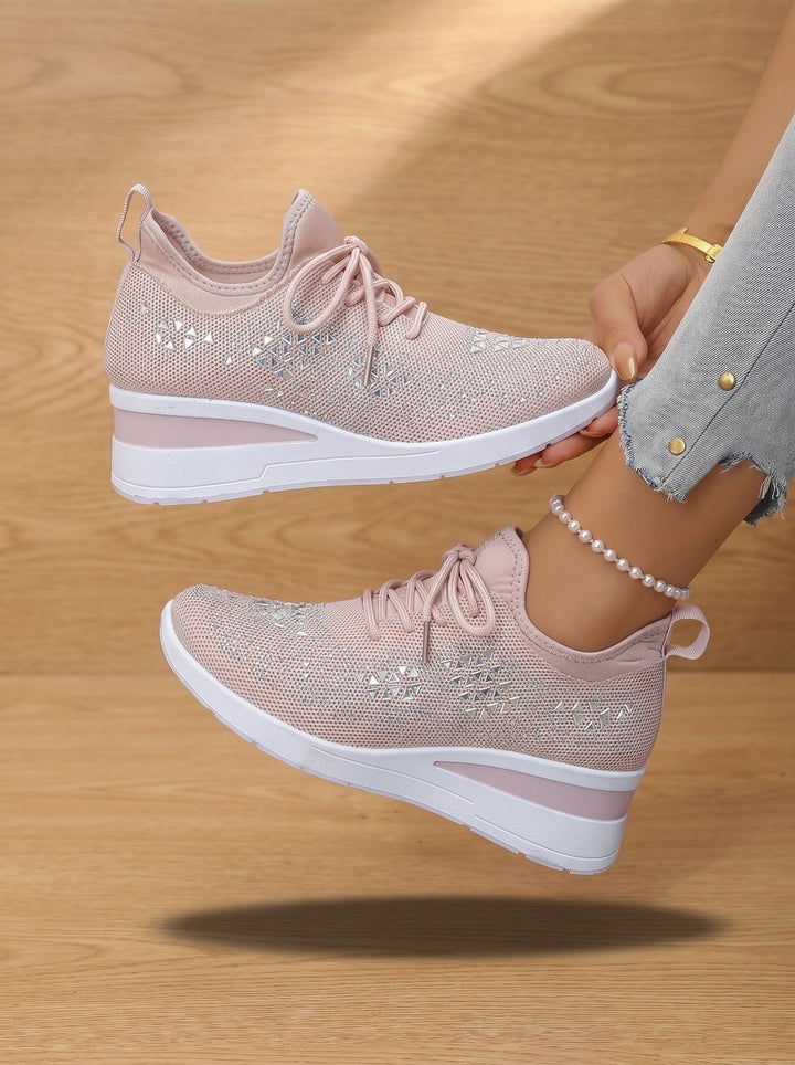 Women's Rhinestone Knit Wedge Lace-Up Orthopedic Sneakers - Pink