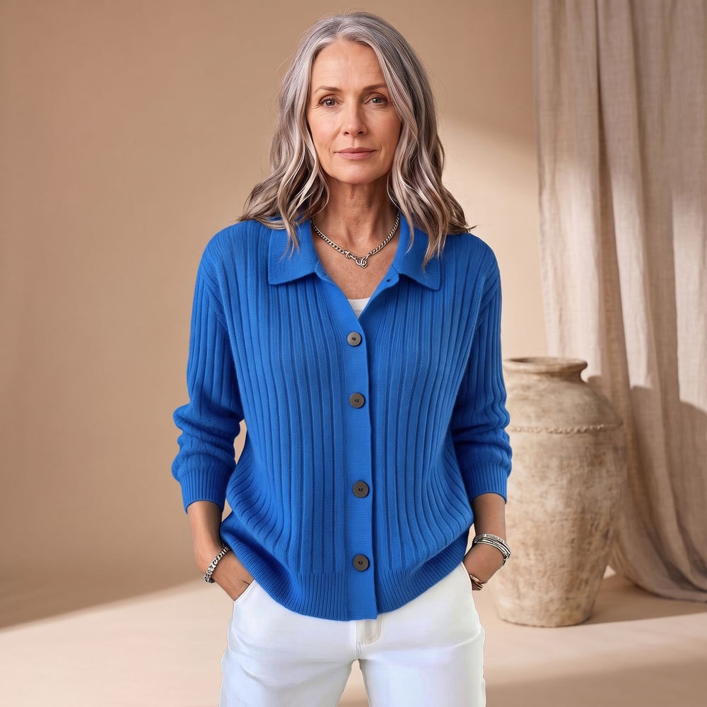 Women's Ribbed Button-Down Collared Cardigan Sweater