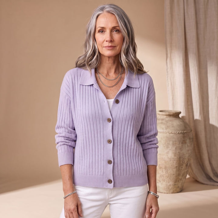 Women's Ribbed Button-Down Collared Cardigan Sweater