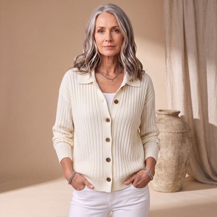 Women's Ribbed Button-Down Collared Cardigan Sweater
