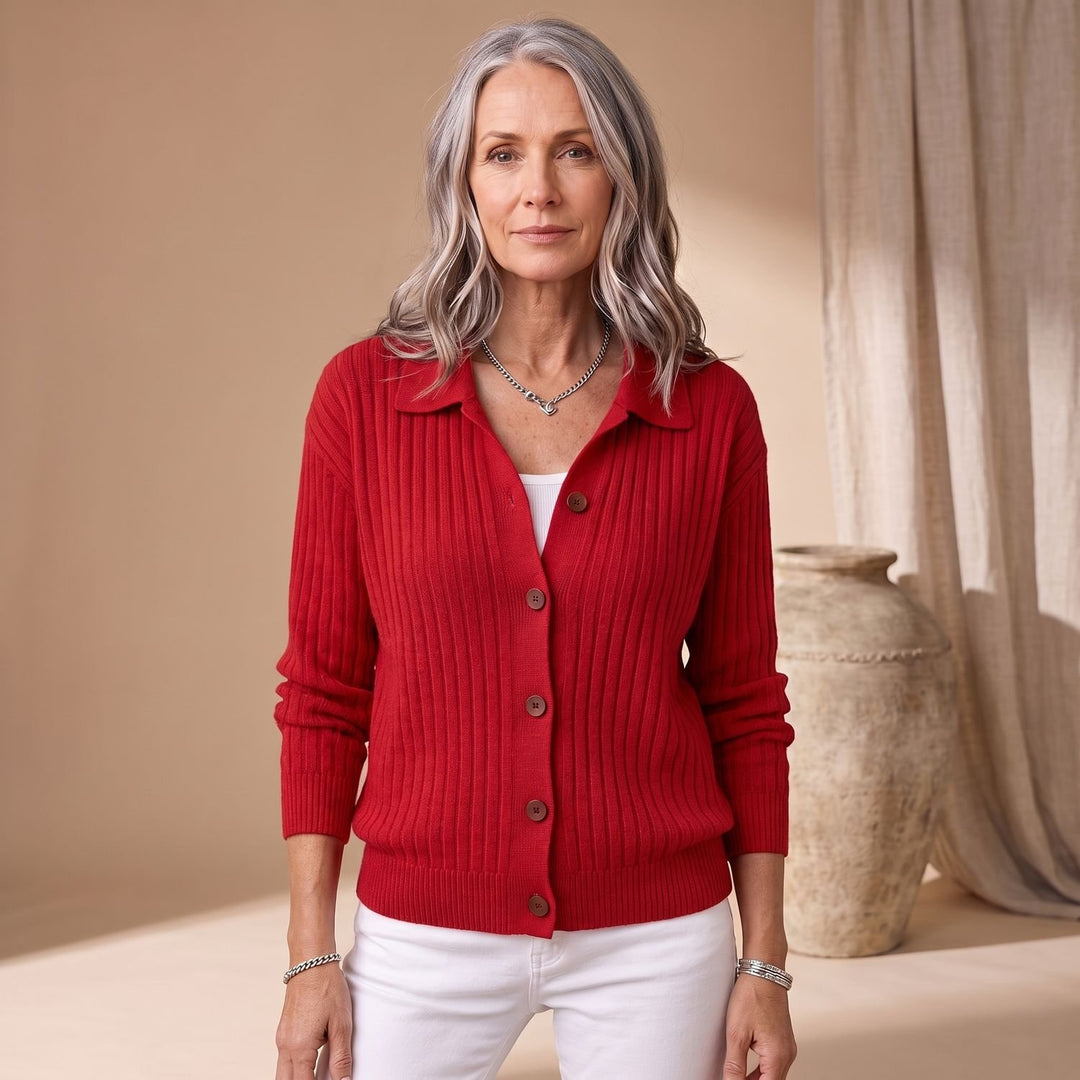 Women's Ribbed Button-Down Collared Cardigan Sweater