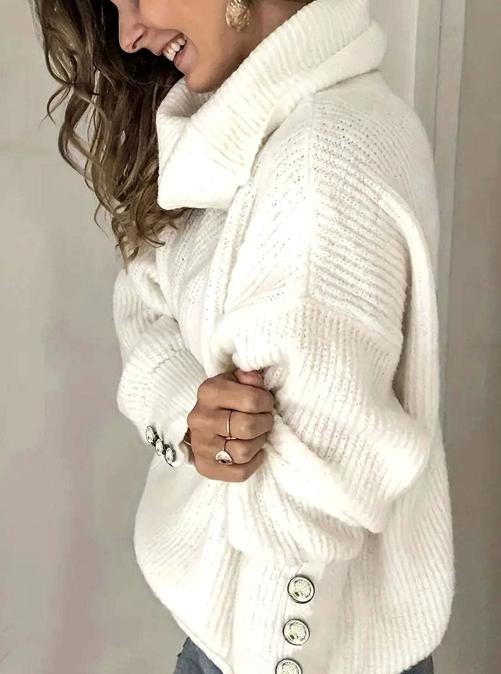 Women's Ribbed Cowl Neck Sweater Button-Cuff Knit Pullover