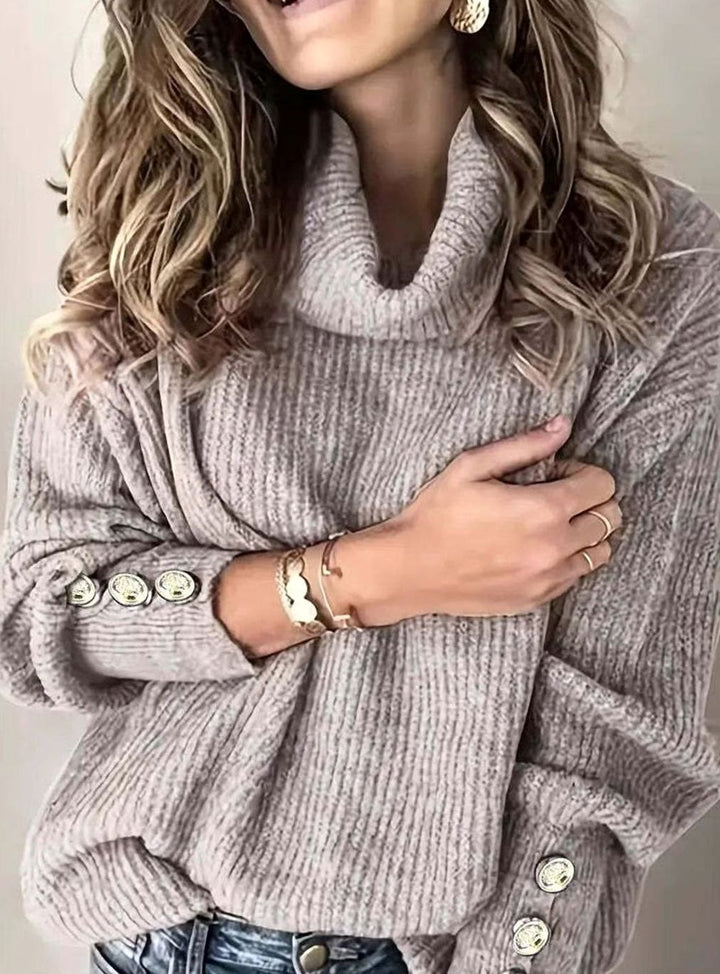 Women's Ribbed Cowl Neck Sweater Button-Cuff Knit Pullover - Grey