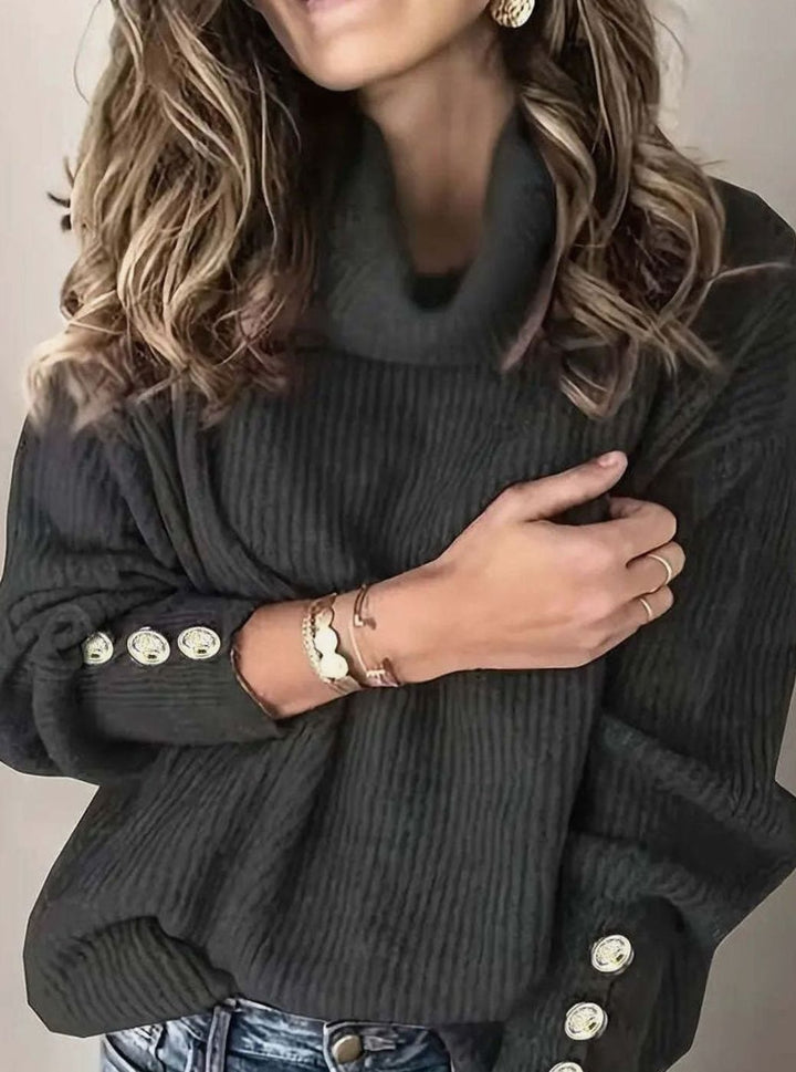 Women's Ribbed Cowl Neck Sweater Button-Cuff Knit Pullover - Black