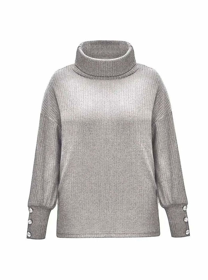 Women's Ribbed Cowl Neck Sweater Button-Cuff Knit Pullover
