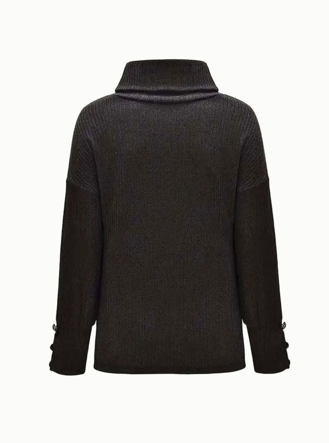 Women's Ribbed Cowl Neck Sweater Button-Cuff Knit Pullover