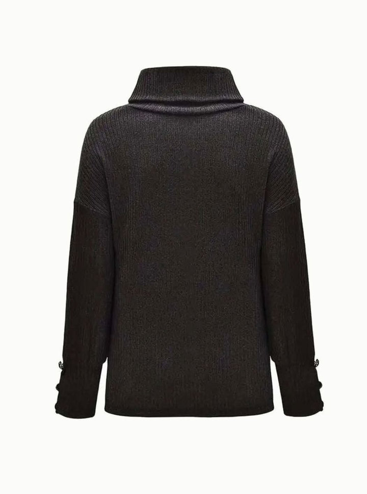 Women's Ribbed Cowl Neck Sweater Button-Cuff Knit Pullover