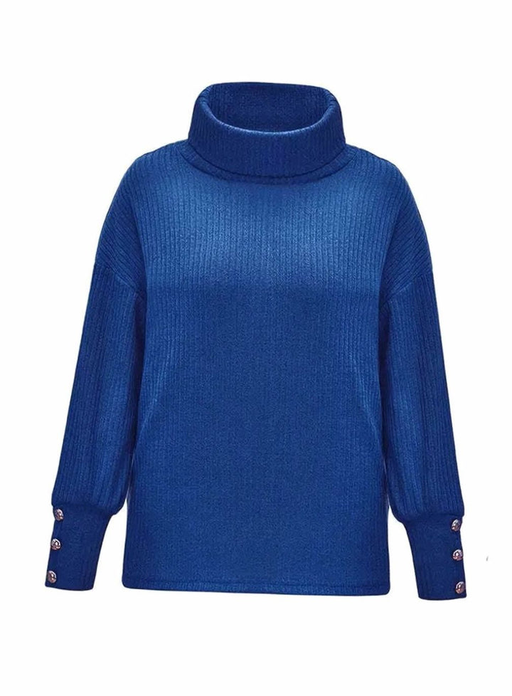 Women's Ribbed Cowl Neck Sweater Button-Cuff Knit Pullover - Blue