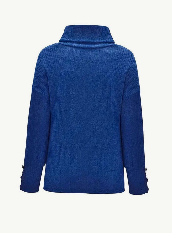 Women's Ribbed Cowl Neck Sweater Button-Cuff Knit Pullover
