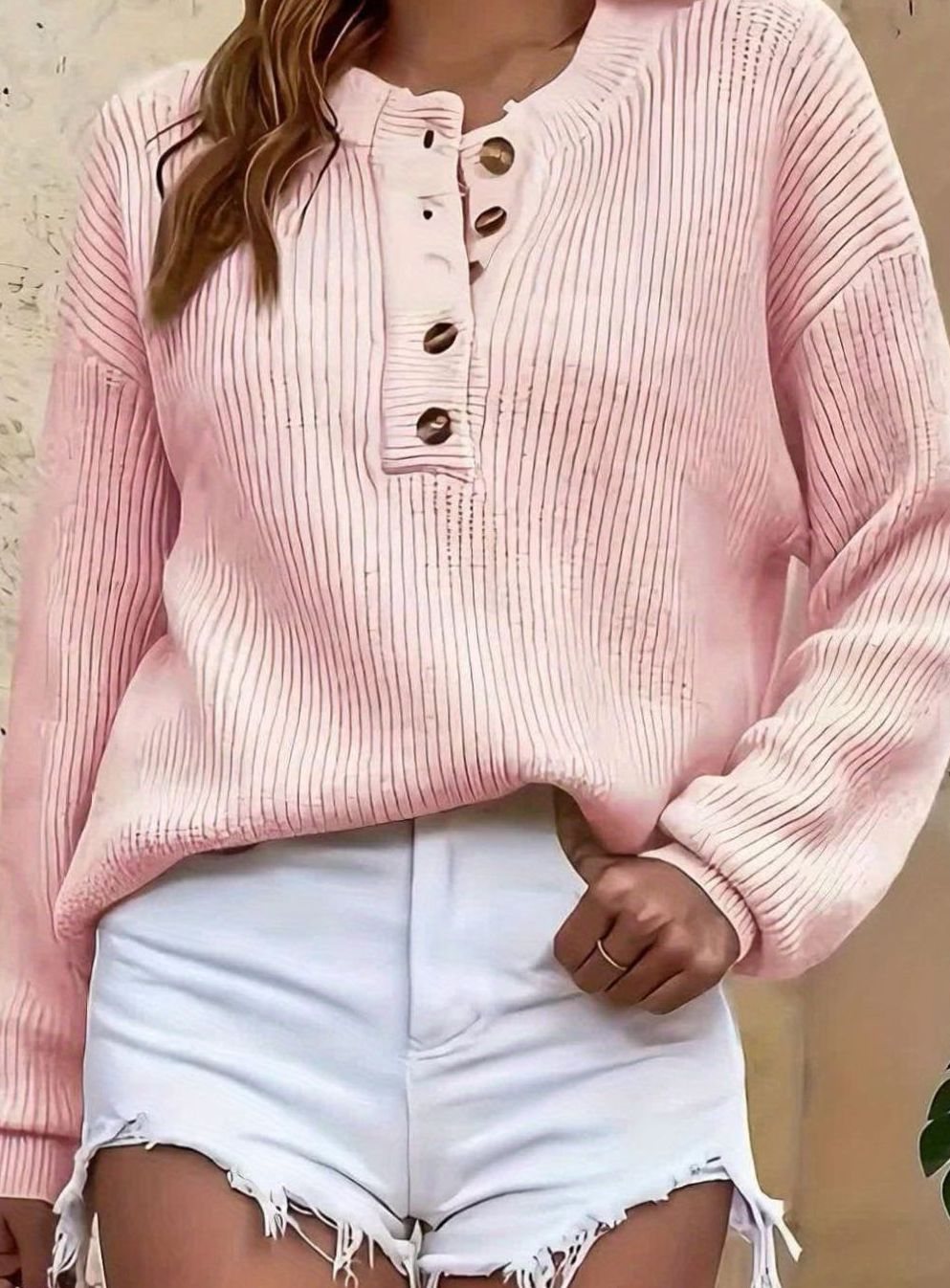 Women's Ribbed Henley Button-Neck Knit Sweater