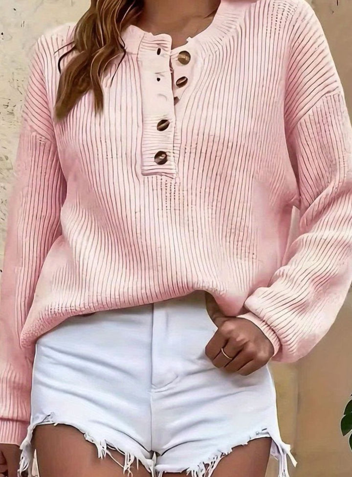 Women's Ribbed Henley Button-Neck Knit Sweater