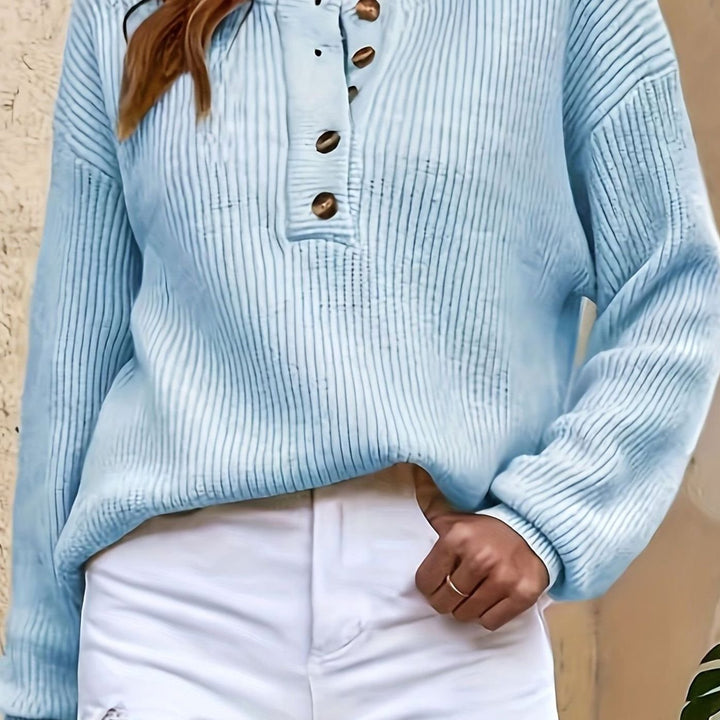 Women's Ribbed Henley Button-Neck Knit Sweater - Sky Blue