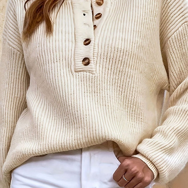 Women's Ribbed Henley Button-Neck Knit Sweater - Beige
