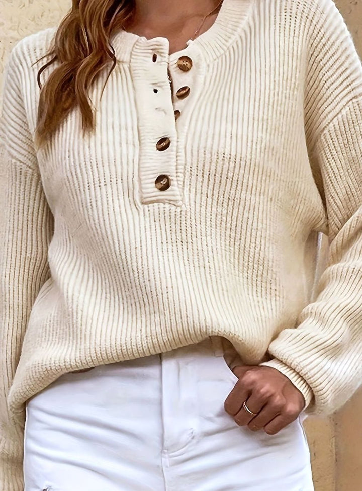 Women's Ribbed Henley Button-Neck Knit Sweater
