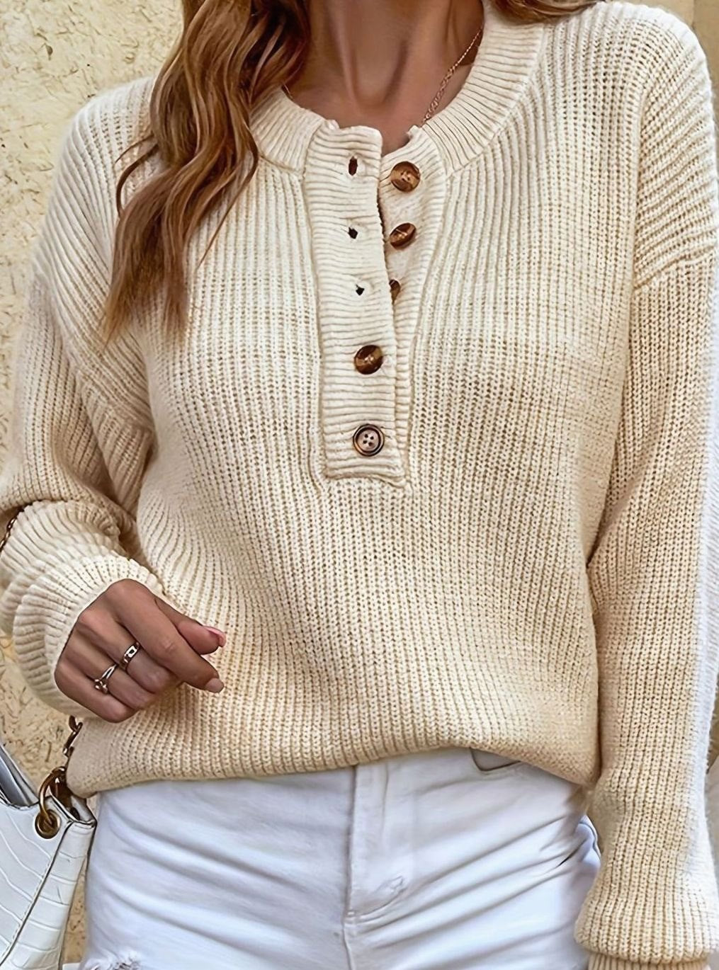 Women's Ribbed Henley Button-Neck Knit Sweater