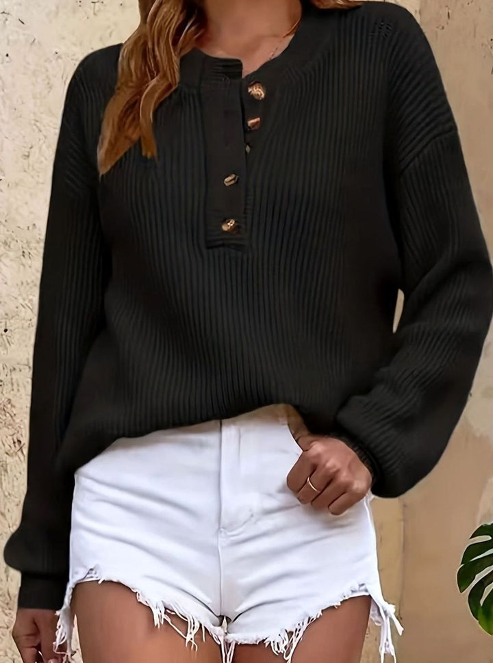 Women's Ribbed Henley Button-Neck Knit Sweater