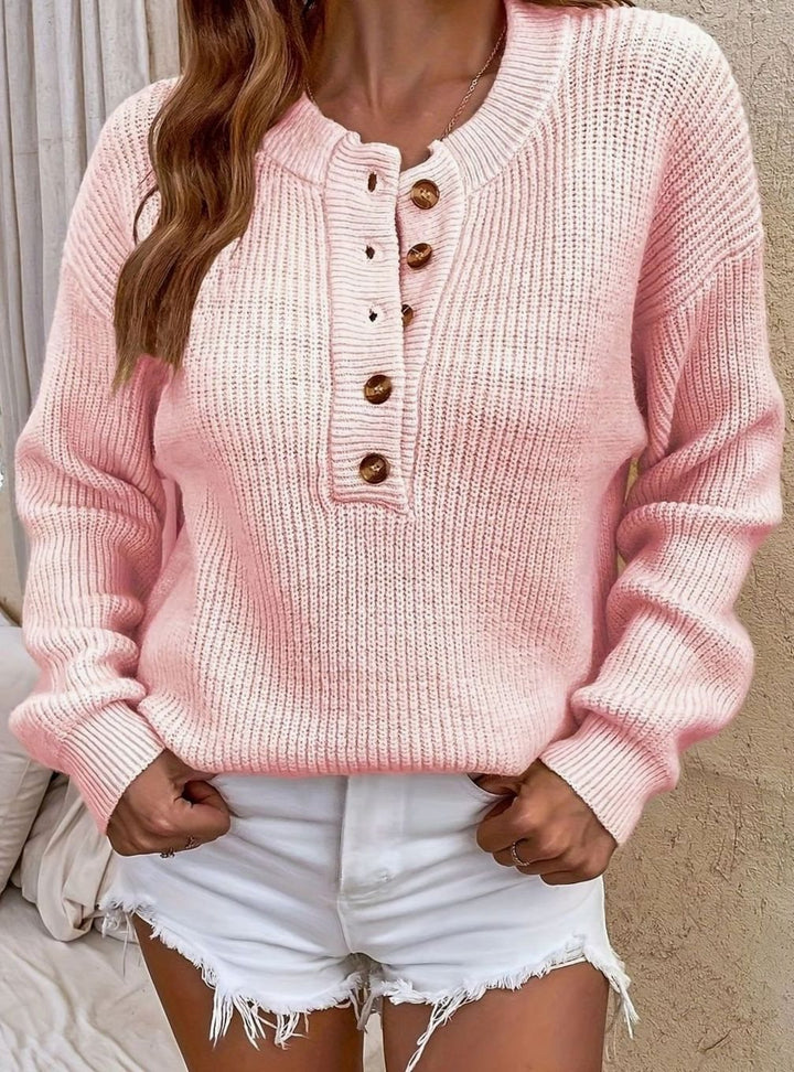 Women's Ribbed Henley Button-Neck Knit Sweater