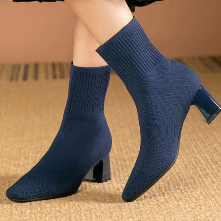 Women's Ribbed Knit Block-Heel Sock Ankle Boots - Blue