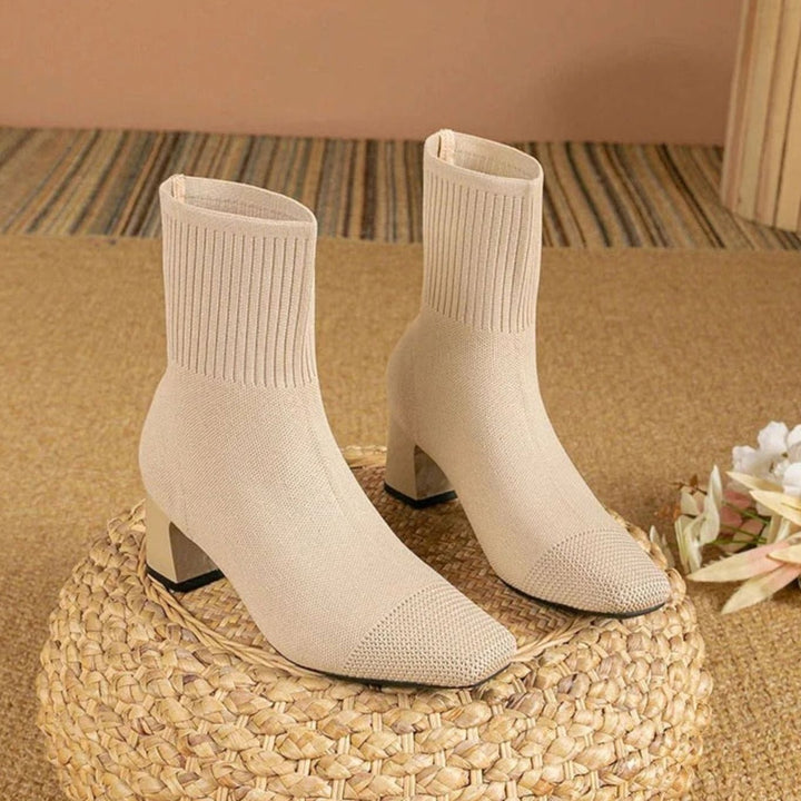 Women's Ribbed Knit Block-Heel Sock Ankle Boots - Beige