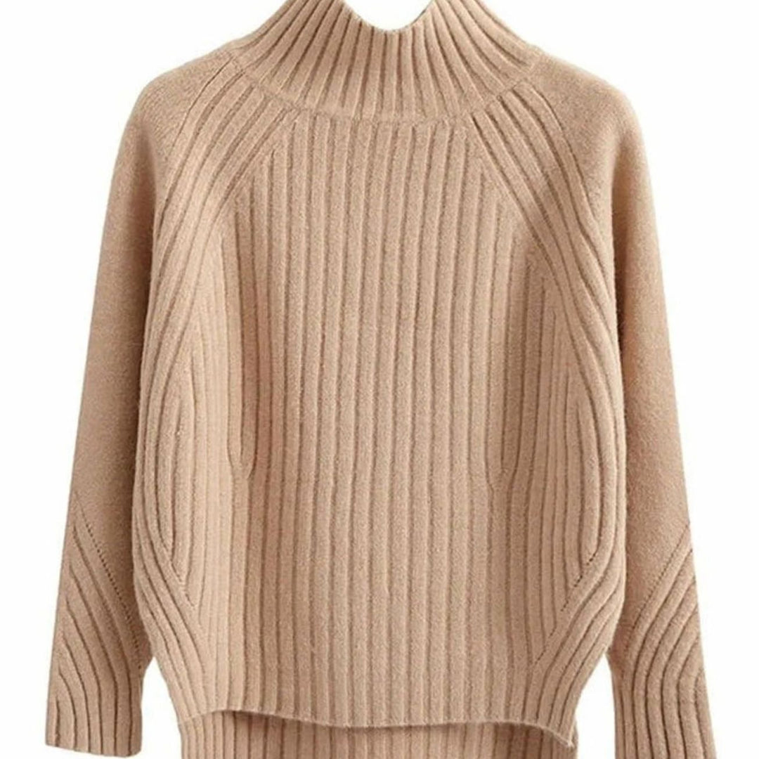 Women's Ribbed Knit Turtleneck Long Sleeve Sweater Relaxed Fit - Khaki