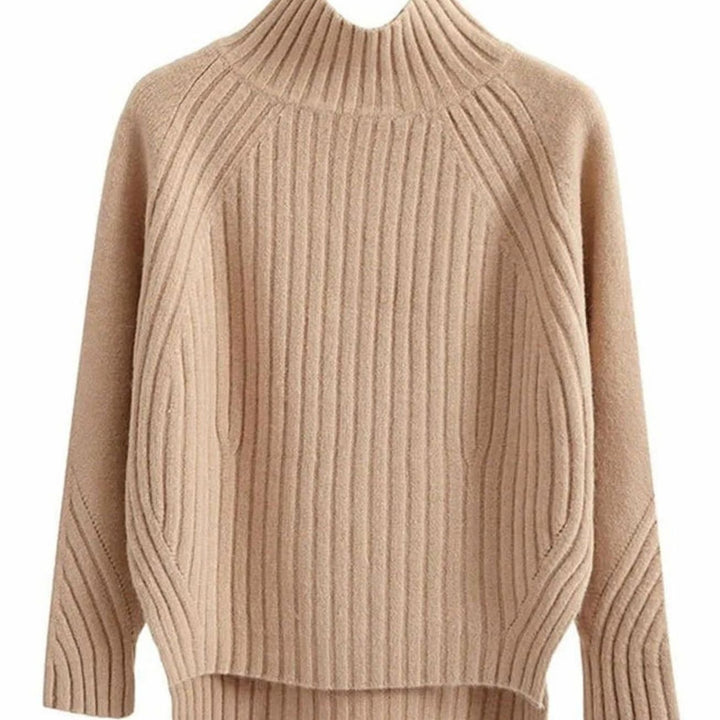 Women's Ribbed Knit Turtleneck Long Sleeve Sweater Relaxed Fit - Khaki