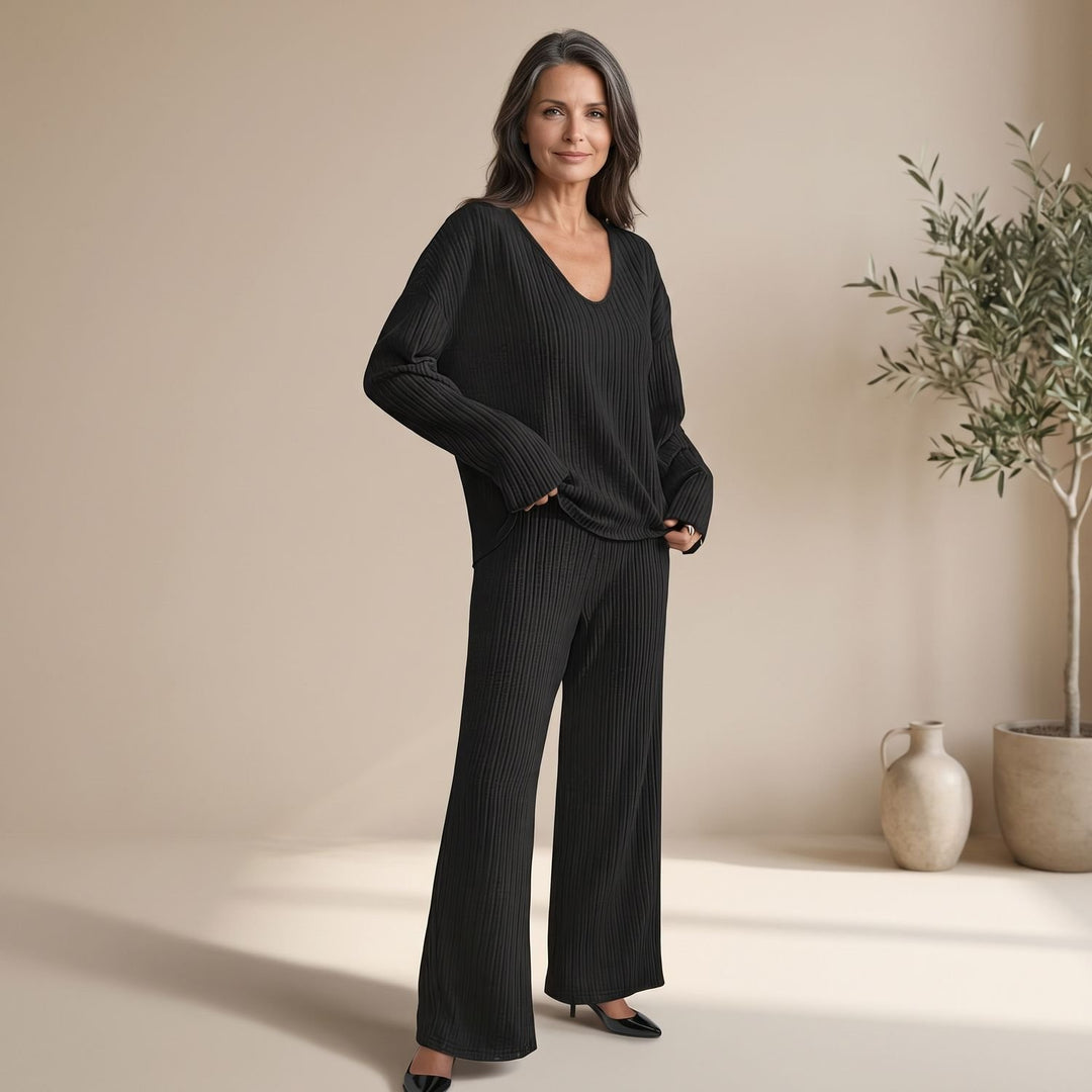 Women's Ribbed Knit Two Piece Lounge Set V-Neck Wide-Leg