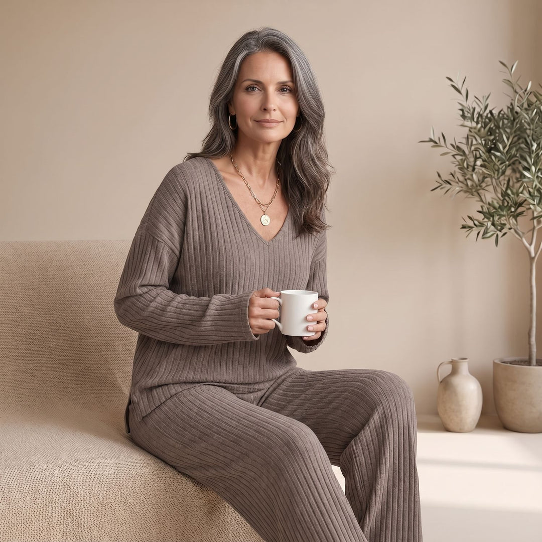 Women's Ribbed Knit Two Piece Lounge Set V-Neck Wide-Leg