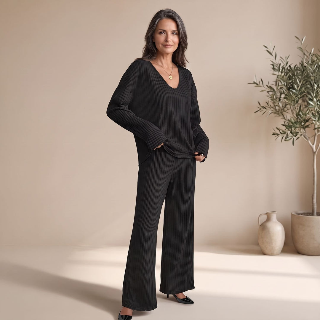 Women's Ribbed Knit Two Piece Lounge Set V-Neck Wide-Leg - Black