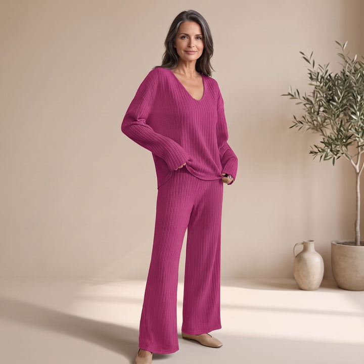 Women's Ribbed Knit Two Piece Lounge Set V-Neck Wide-Leg - Pink