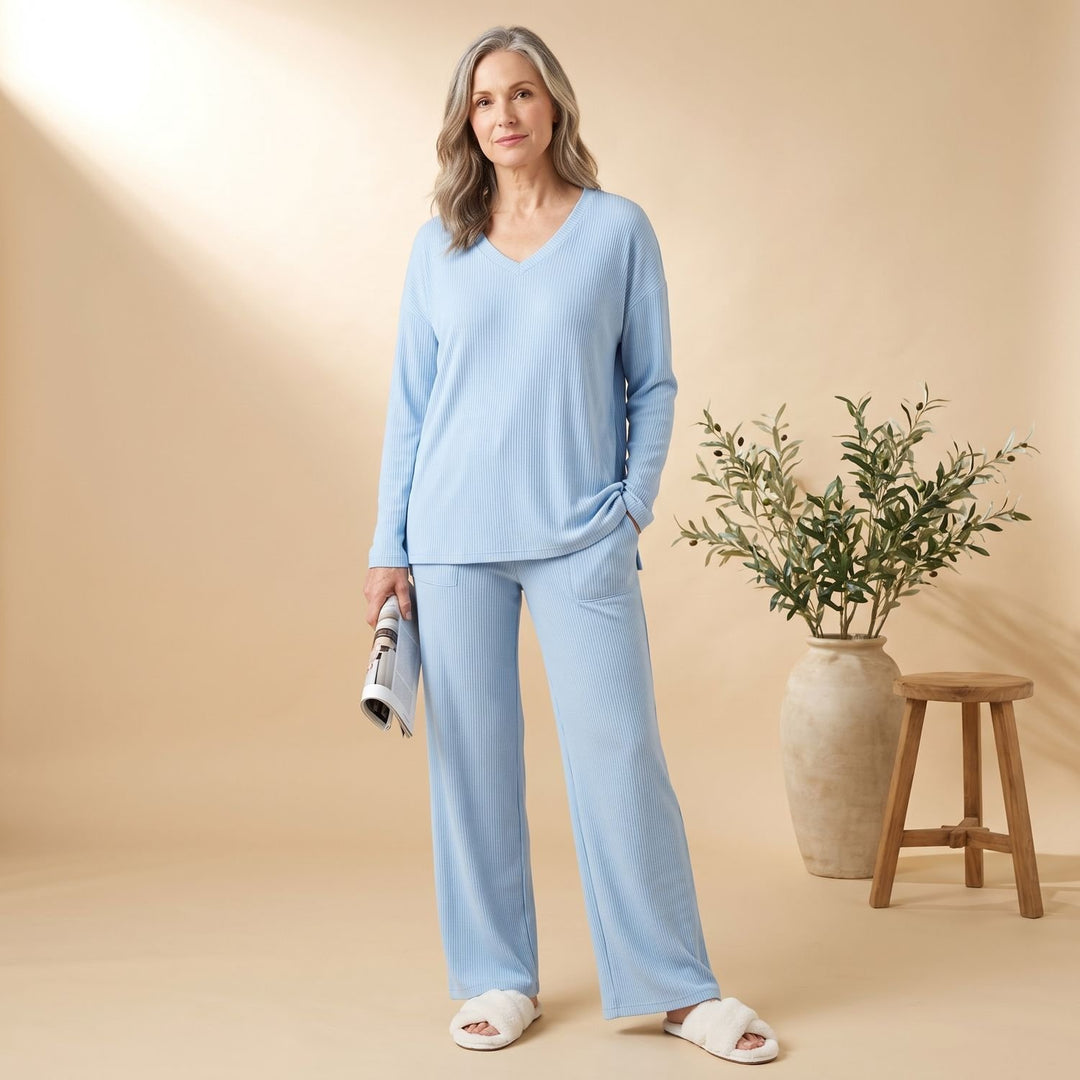 Women's Ribbed Knit Two Piece Lounge Set V-Neck Wide-Leg - Turquoise