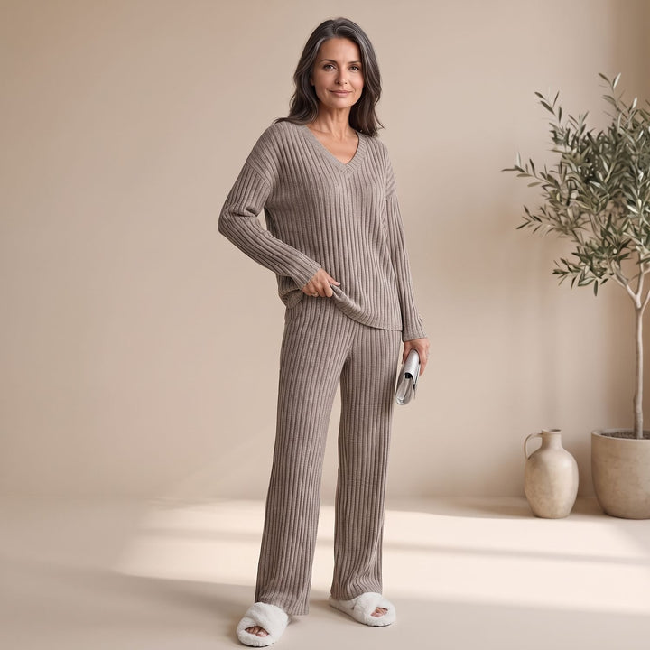 Women's Ribbed Knit Two Piece Lounge Set V-Neck Wide-Leg - Grey