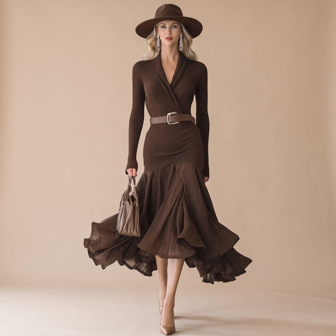 Women's Ribbed Long Sleeve Mermaid Hem Midi Dress - Brown